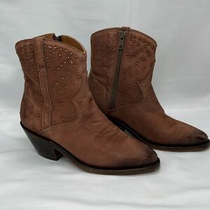 Discontinued Lucchese Brown Suede Ankle Zip Up Cowboy Boots with Studs